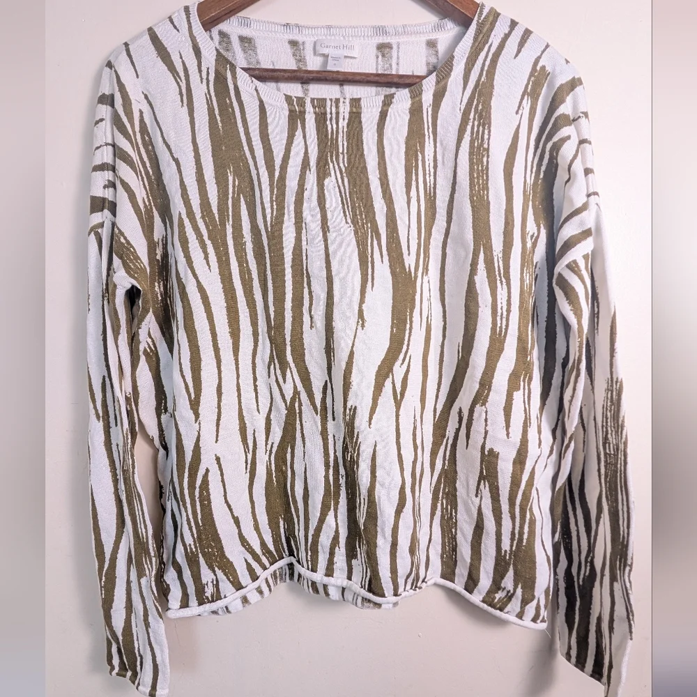 Garnett Hill Feathered Waves Brown & White Silk Cotton Knit Pullover Sweater - Picture 8 of 8